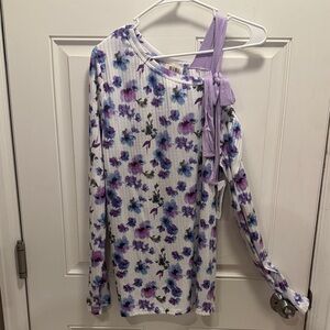 BiBi White Floral One-Shoulder Ribbed Top with Lavender Tie